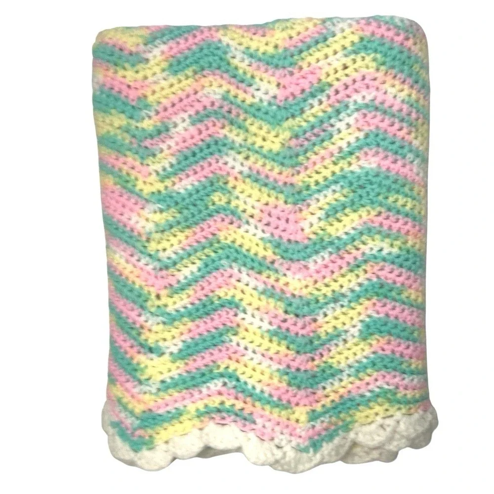 Handmade Chevron Knit Baby Blanket Pink Mint Yellow Scalloped Grannycore Cottage